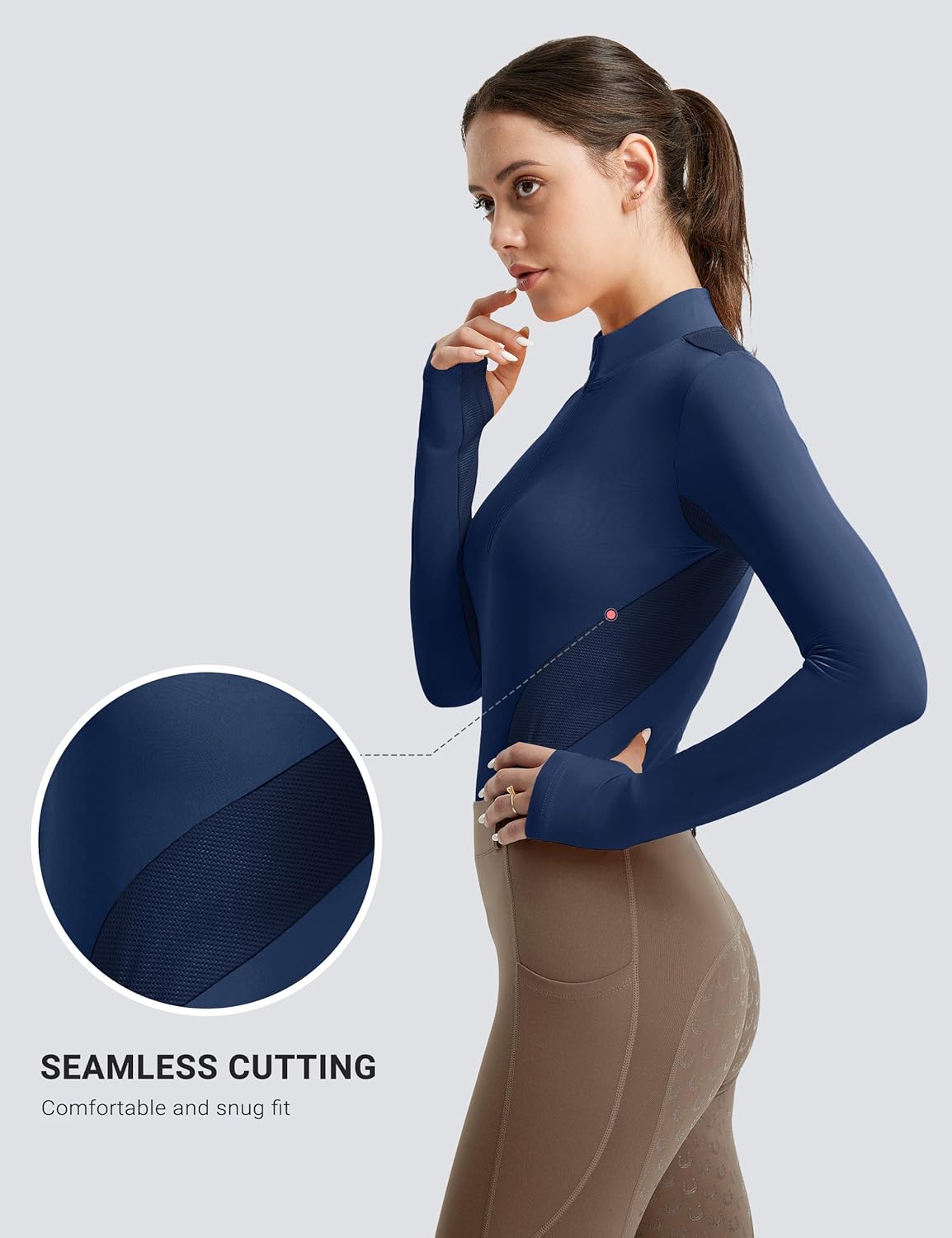 FitsT4 Sports Womens Equestrian Shirts Thumbholes Long Sleeve Horse Riding Shirts Quick Dry UPF50+ Riding Top Half Zip - Image 5