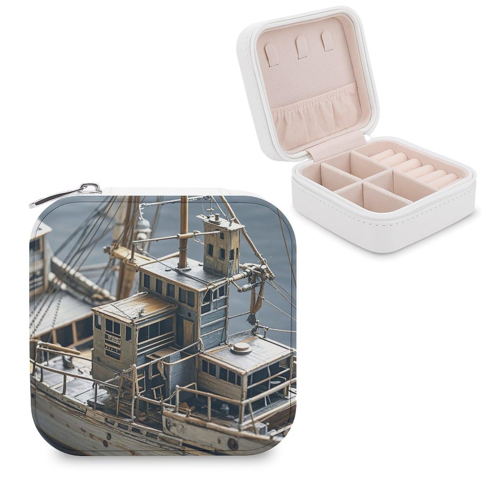 VstaDank Boat Travel Jewelry Case Zipper Portable Small Jewelry Box Custom Pu Leather Mini Traveling Jewelry Organizer for Rings Earrings Necklace Bracelet Girls Women