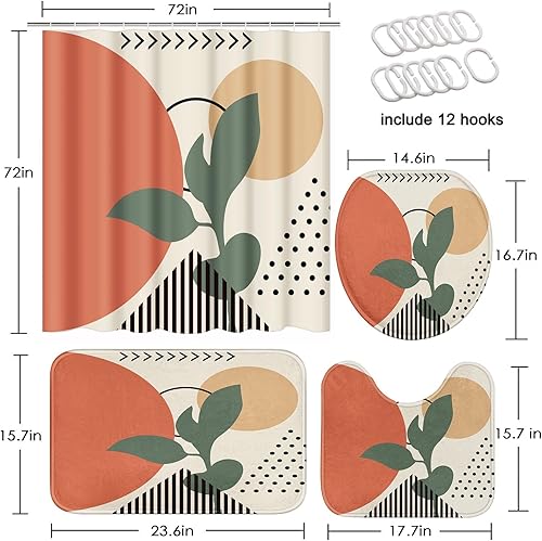 Miniatura 2 de Tayney Juego de cortina de ducha bohemia de mediados de siglo con tapa de inodoro y alfombras antideslizantes, juego de 4 cortinas de ducha botánico
