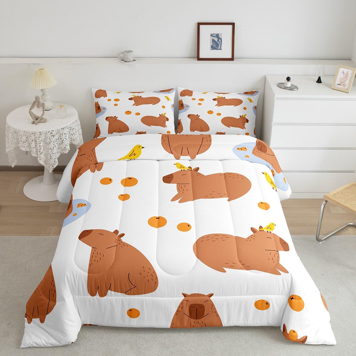 Loussiesd Cartoon Capybara Comforter Set arancione Capybara Comforter Set per bambini divertente carino Capybara Comforter Kawaii Animal Set Trapunta traspirante Set 2 pezzi 135x200cm