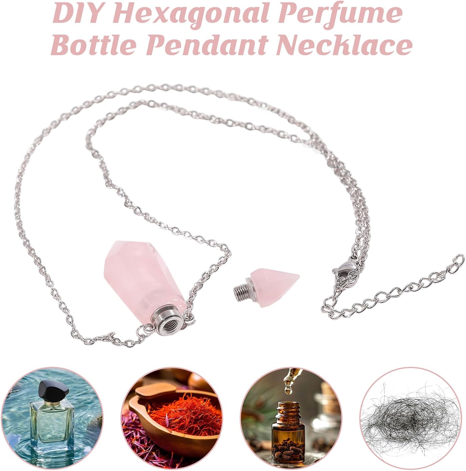 Perfume Bottle Necklace Natural Stone Essential Oil Diffuser Perfume Bottle Pendant with Alloy Chain for Womens Vial Pendant Necklace Jewelry Unique Gift, Pink image 4
