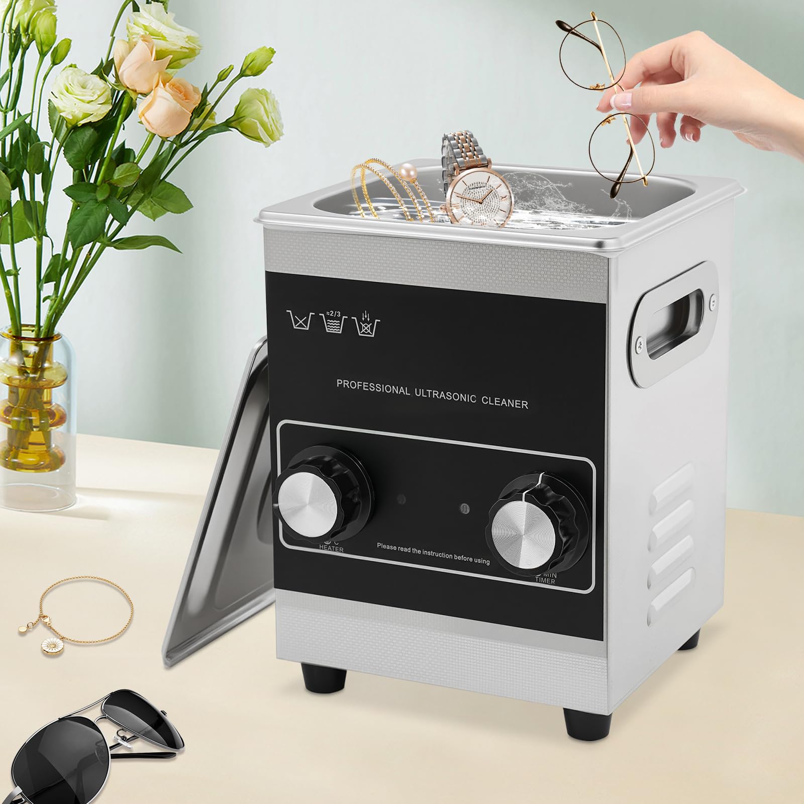 Ultraschallreinigungsgerät 2L Brillenreinigungsgerät 40KHz Ultraschallgerät Einstellbares 0-80℃ Schmuck Reinigung Zuhause, Zahnschiene Wasserdicht Ultraschall Reiniger mit Anzeigeleuchten