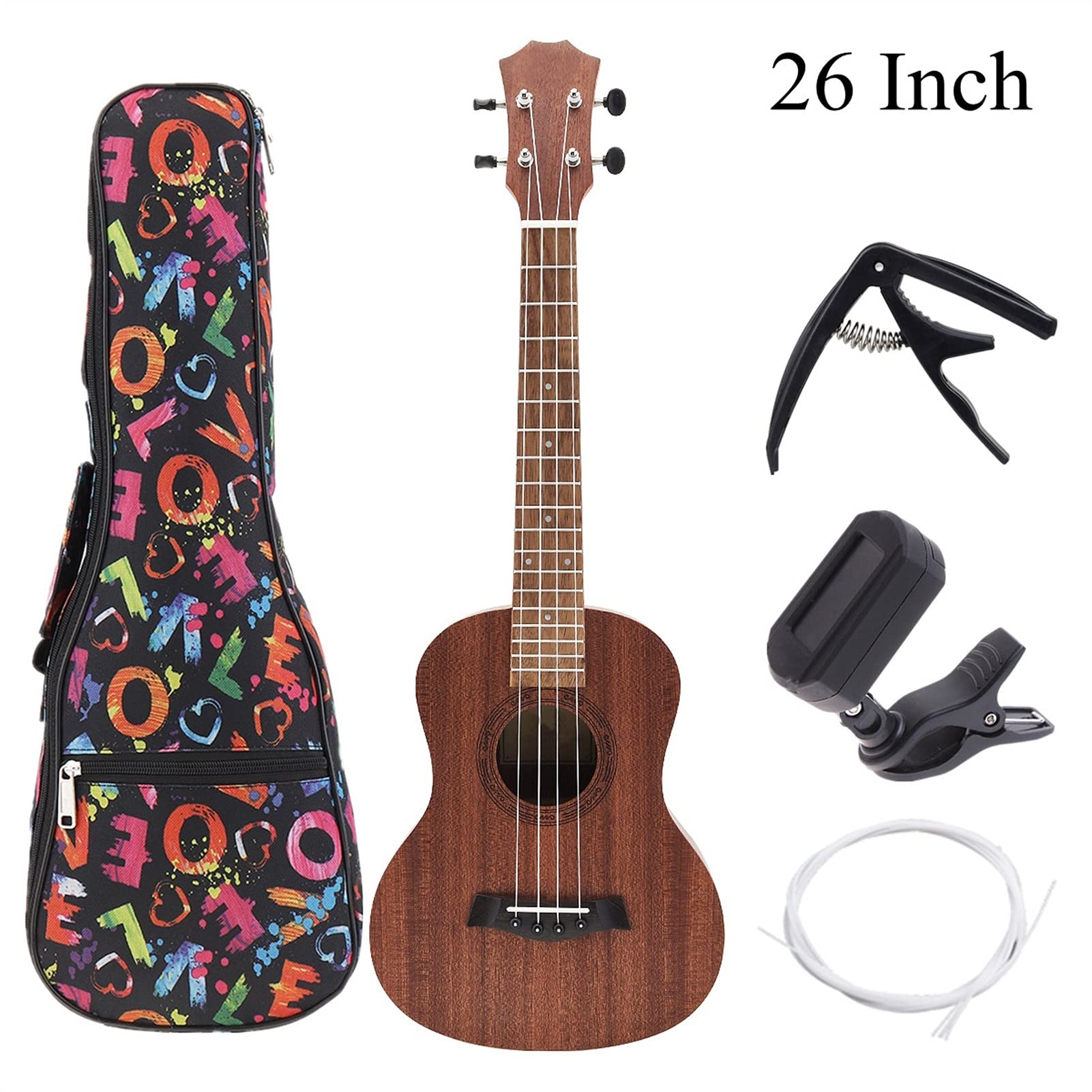 Ukulele koncertowe Początkujący Ukulele Ukulele Combo 21/23/ 26 Cal Ukulele Czarny Sopran 4 Struny Uke Hawaje Zestaw Instrumentów Muzycznych Strunowy Zestaw Zestawy+Tuner+Ciąg+Torba (Color : 26 Inch