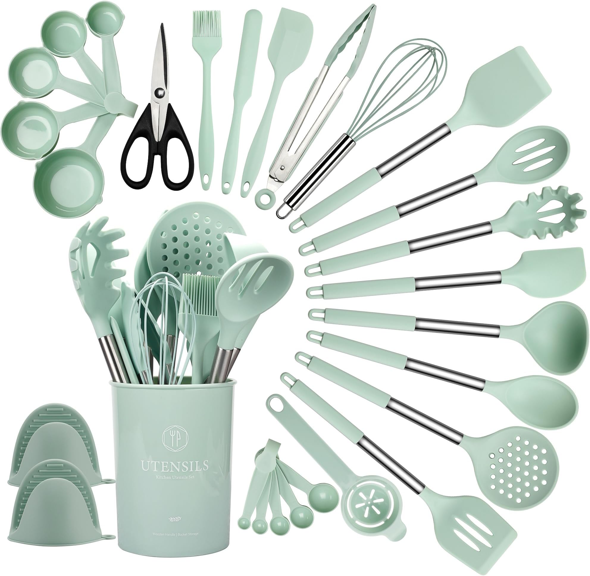 QMVESS Silicone Cooking Utensils Set, 28 Pcs Non-Stick Kitchen Utensils Set with Holder, 446ยฐF Heat Resistant Spatula, Tongs, Spoons Set with Stainless Steel Handle Kitchen Gadgets (Light Green)