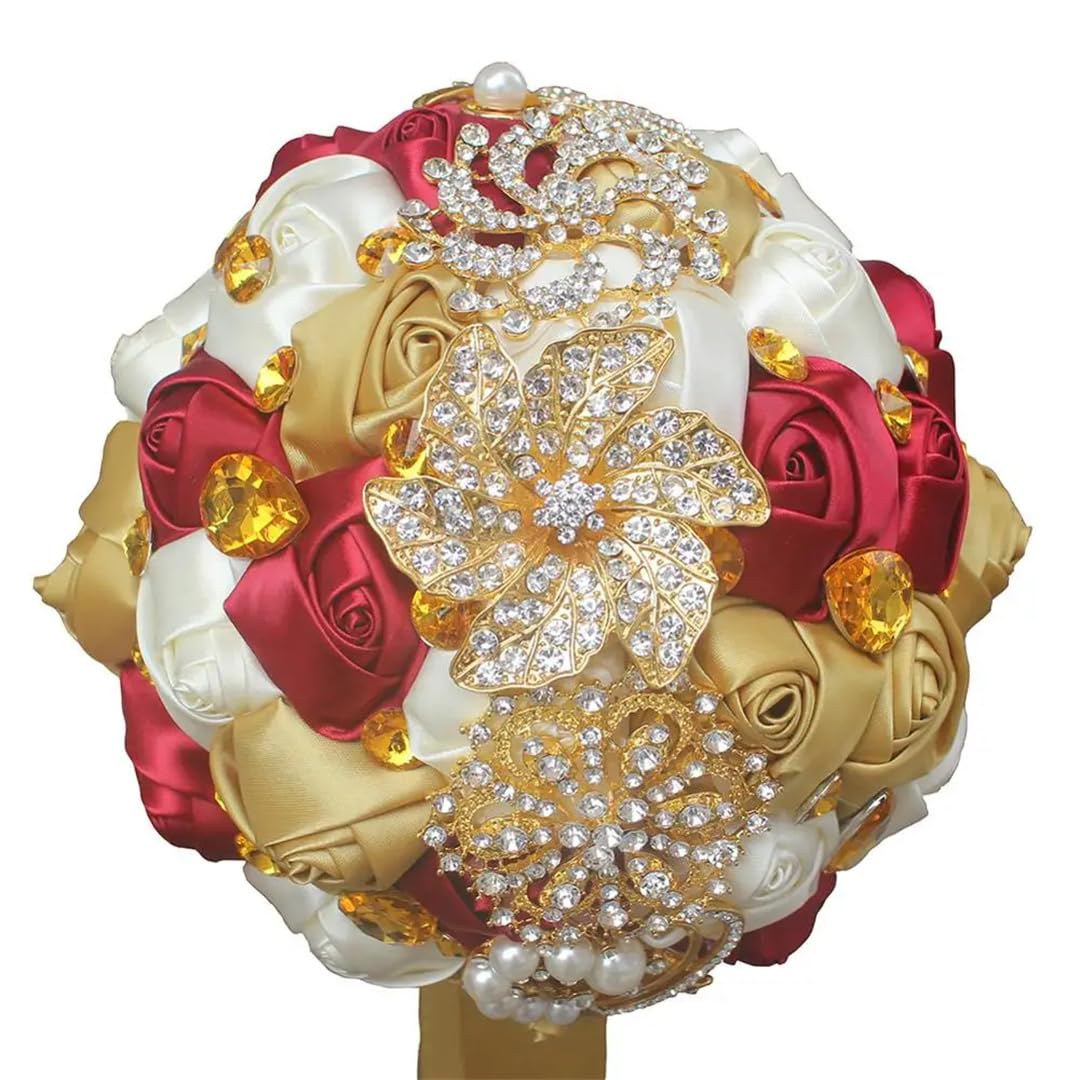 HJRegaFimu Gold Brooch Hand Holding Flower Bouquets Bridal Bridesmaid Crystal Silk Wedding Bouquet 18cm Light En8