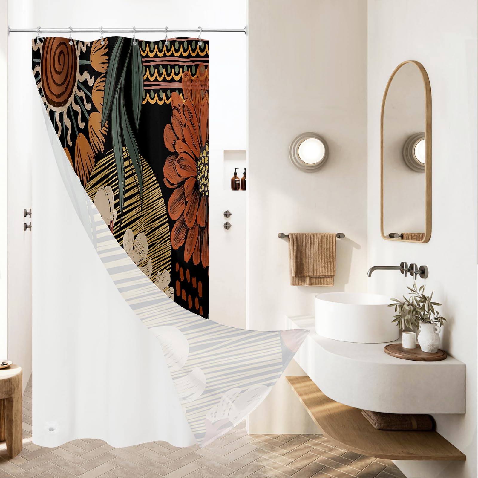 3 in 1 Boho Rustic Shower Curtain Set with PEVA Liner &amp; 12 Hooks, 36 x 72