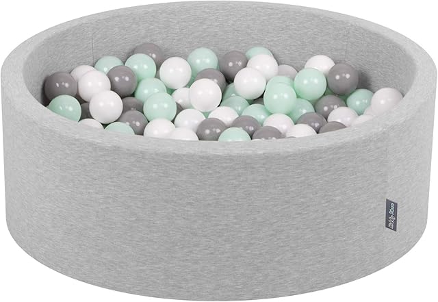 KiddyMoon 90X30cm/200 Balls  7Cm / 2.75In Baby Foam Ball Pit Certified Made In EU, Light Grey:White/Grey/Mint