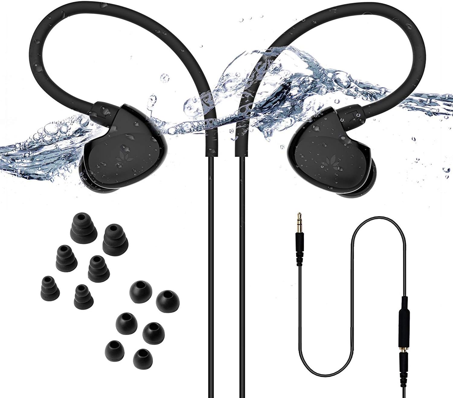 Avantree Secure Fit Underwater Waterproof Earbuds for Swimming, Wired Sports Headphones for Gym Running Diving Surfing, IPX7, Short Cord with Over The Ear Hook and 6 Pair Soft Earphones Tips - TR509