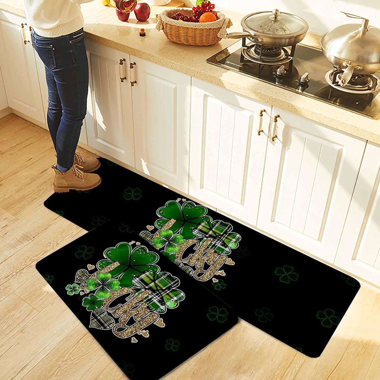 St. Patrick's Day Kitchen Rugs and Mats Set of 2, Non-Slip Kitchen Sink Mat, Spring Green Shamrock Gold Lucky Love Black Washable Doormat Bathroom Rugs Runner for Bedroom 19.7"x31.5"+19.7"x63"