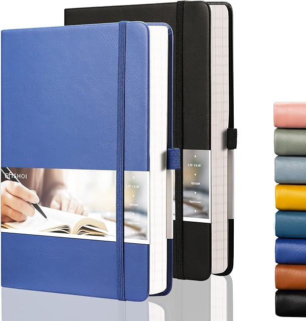 2 Pack EMSHOI A5 Notebook Lined Hardback Journal Notebook Ruled Notepad Note Book Notes 100gsm Paper with 384 Numbered Ruled Pages, 2 Sticky Notes Divider, Pen Holder, Inner Pocket and 2 Bookmarks