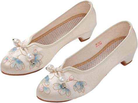 Women Handmade Flower Embroidery Shoes Chinese Traditional Cheongsam Dress Hanclothing Shoes Casual Lightweight Pointed Toe Low Heel Slip-on Shoes Beige,23 CM