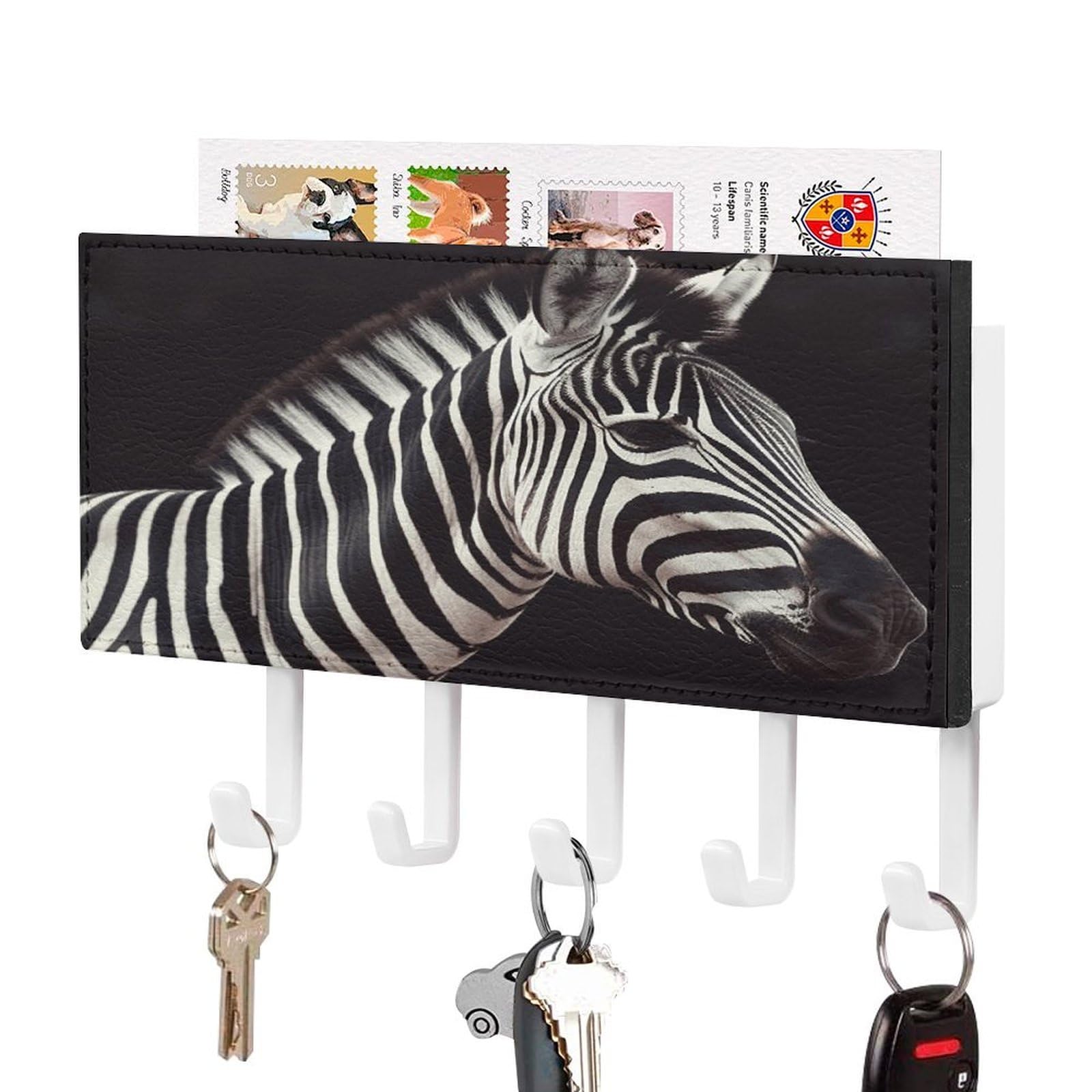 Soporte para llaves de pared con diseño de cebra y organizador de correo para entrada en casa