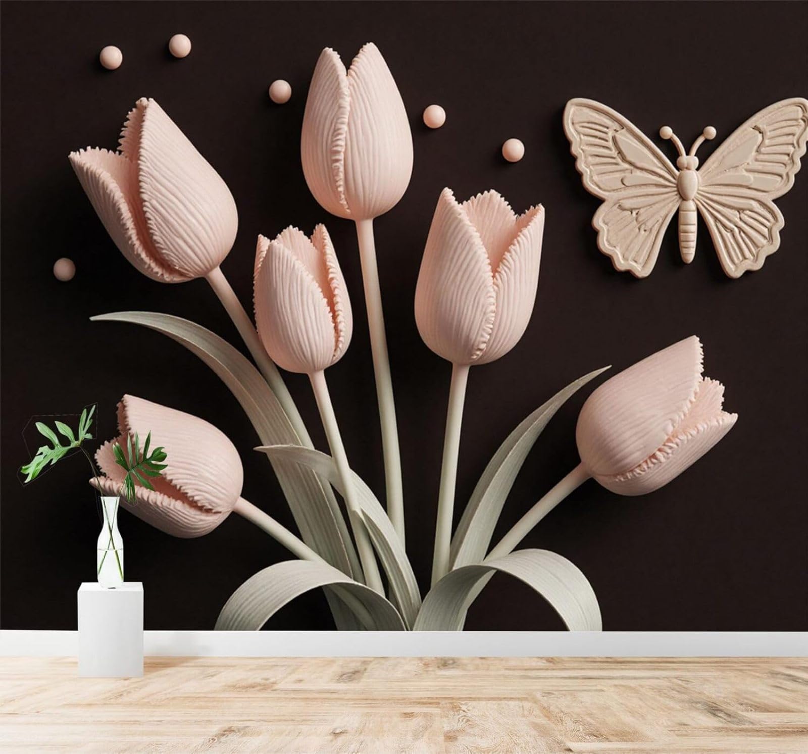 XLMING Minimalist Elegant Pink Tulips Green Leaves Butterflies 3D Wallpaper Silky Texture Home Study Office Grey Dining Room Sofa Bedroom Living Room TV Backdrop-430cm×300cm