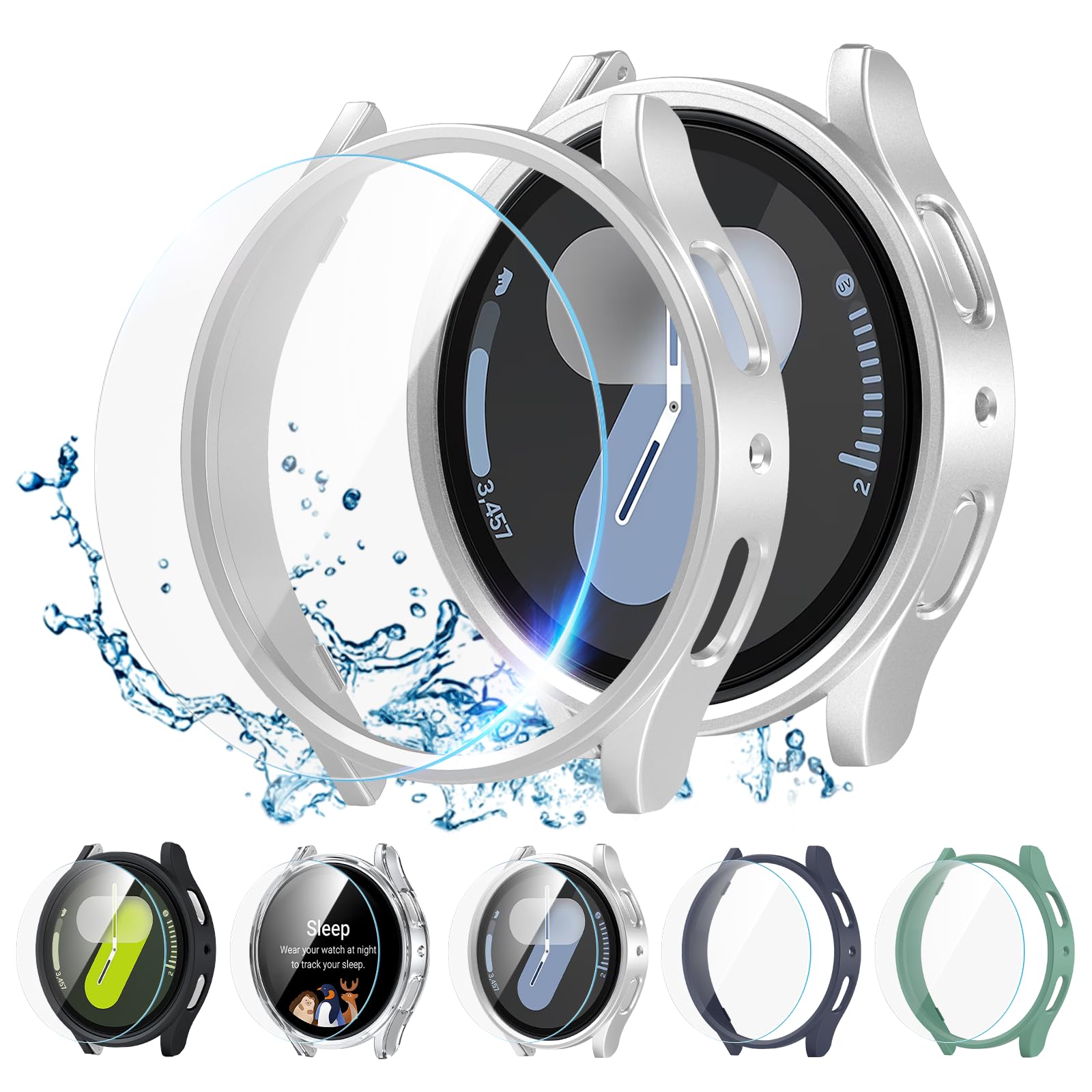 Nxtudy Screen Protector Compatible with Galaxy Watch 7 44mm, 【5+5 Pack】 HD Tempered Glass Protective Film and Hard PC Bumper Case for Samsung Galaxy