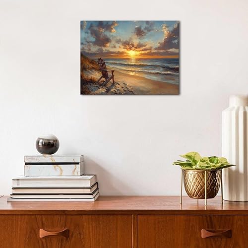 Miniatura 6 de Arte abstracto de pared de playa, puesta de sol, paisaje costero, decoración de pared, silla de playa, paisaje marino, ondas, lienzo, pintura de