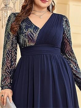 Plus Size Chiffon Long Sleeve Evening Dresses Women Sequin Blue Wedding  Party Cocktail Prom Floor Length Gowns Navy Blue S : Amazon.co.uk: Fashion