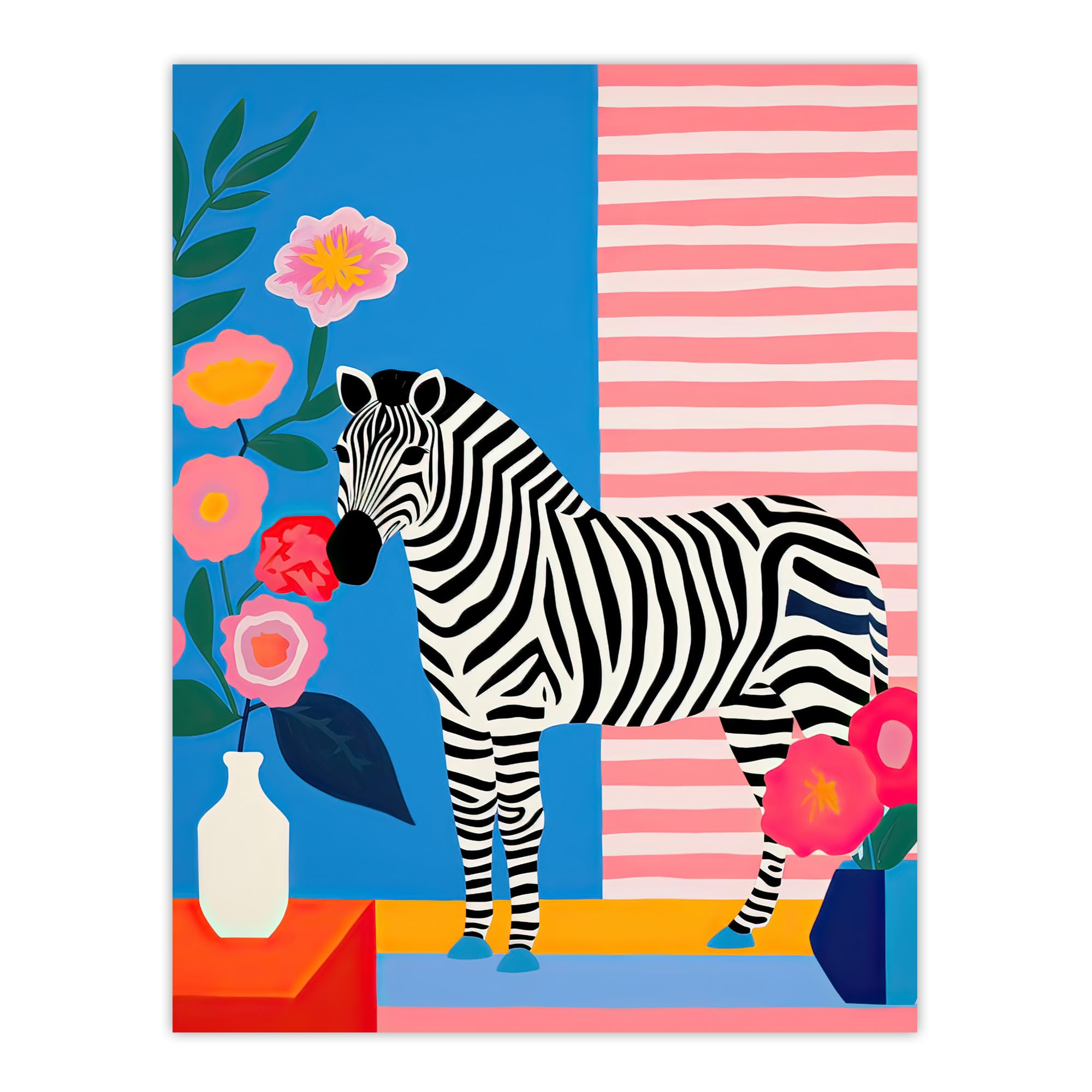 Artery8 Stripe Harmony Vibrant Painting Whimsical Scene with a Zebra in a Striped Room Surrounded by Blooming Flowers Extra Large XL Wall Art Poster Print