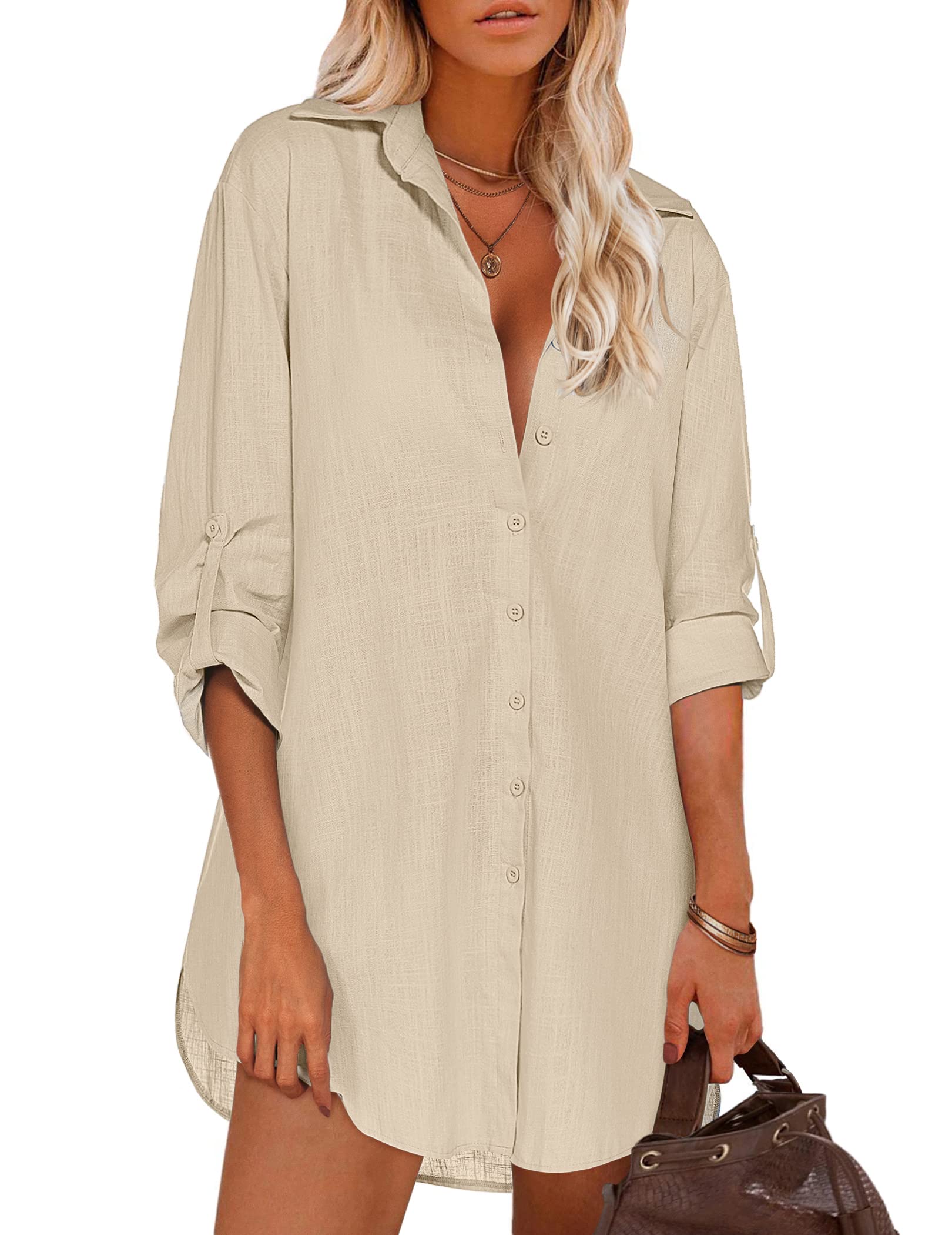 HOTOUCH Women Boyfriend Shirts Button Down Long Sleeve Blouse Cuffed Sleeve Collared Shirt