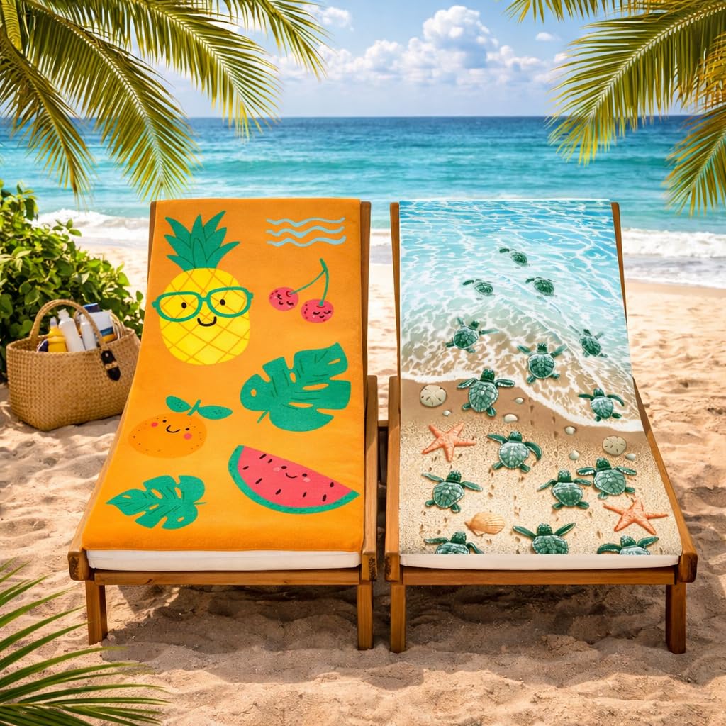Adore 2 Pack Microfibre Beach Towels 70x140cm - Sand Free Lightweight Quick Dry - Soft Travel Towels for Beach and Pool, Fun Fruits and Turtles