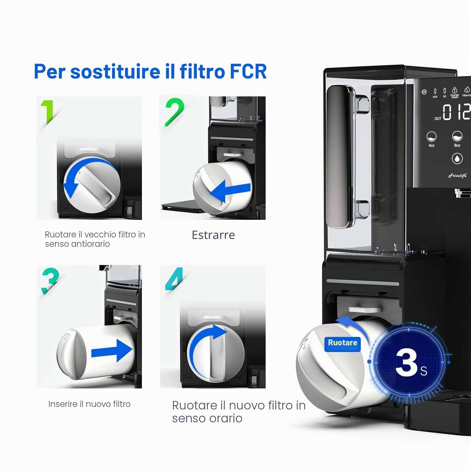 Frizzlife Cartuccia filtro a membrana RO di ricambio FCR100+ per sistema di filtraggio dell'acqua ad osmosi inversa da banco WB99-H