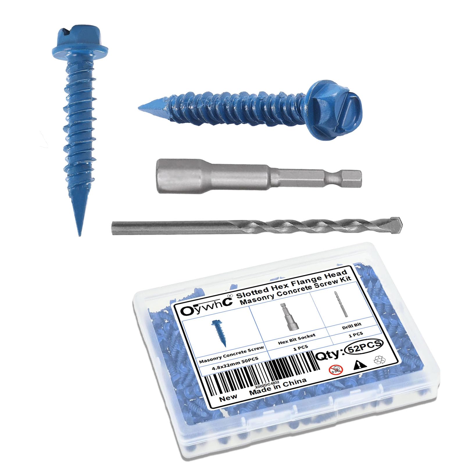 OywhC 50Pcs Masonry Concrete Screws 4.8mm x 32mm with Hexagon Socket Bit & Drill Bit, Special Blue Coating, Hexagon Flange Head, Conical Diamond Tip, High-Low Threads, for Masonry/Concrete/Brick/Block