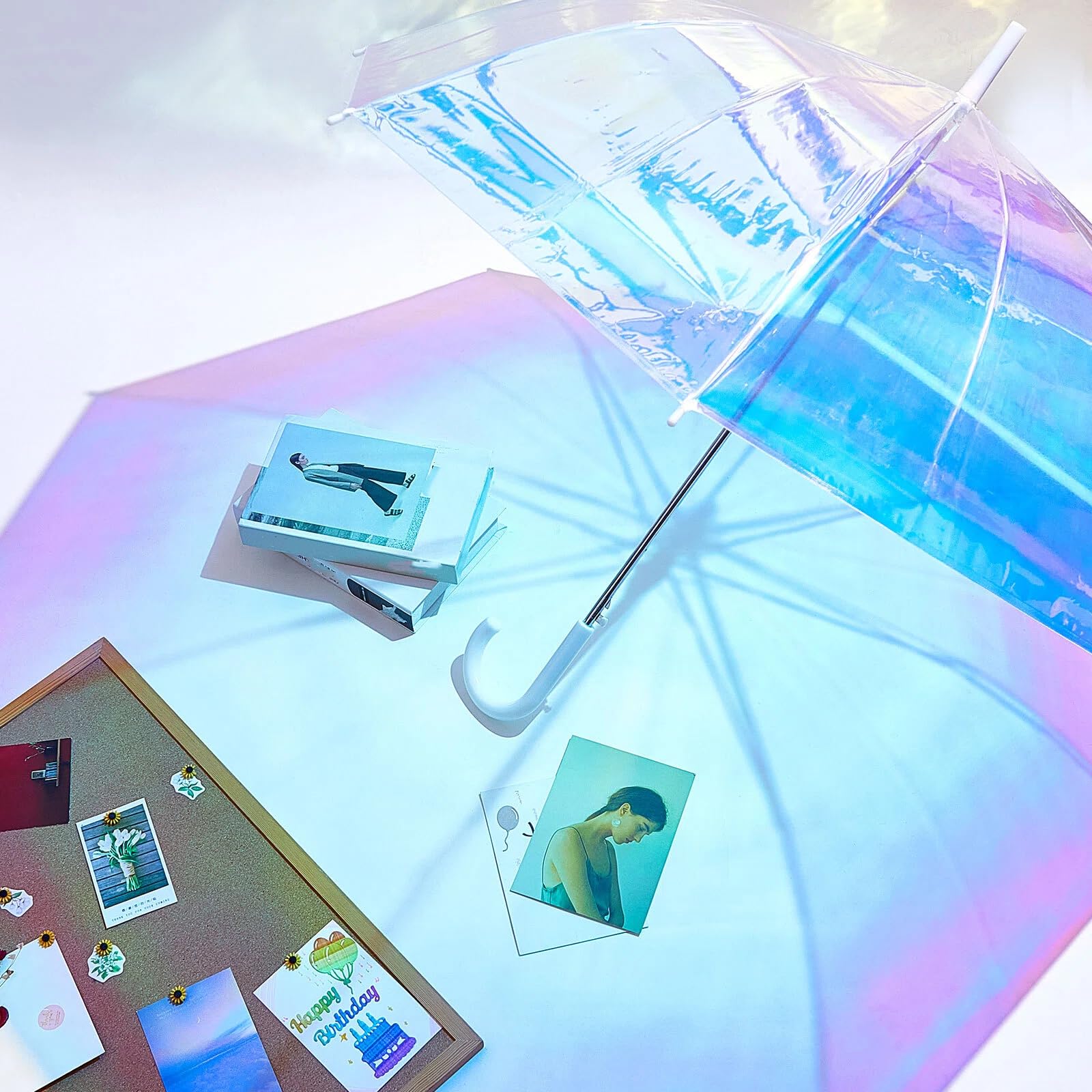 Dunzy Holografischer breiter Regenschirm, schillernd, klarer Regenschirm für Hochzeit, automatisches Öffnen, Winddicht, Sonnenschirm, J-Haken-Stick, Regenschirm, 99 cm (2 Stück)