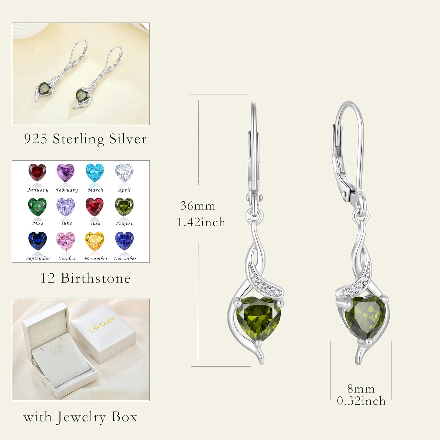 Infinity Dangle Drop Earrings for Women 925 Sterling Silver Heart Birthstone Leverback Earrings Jewelry for Her