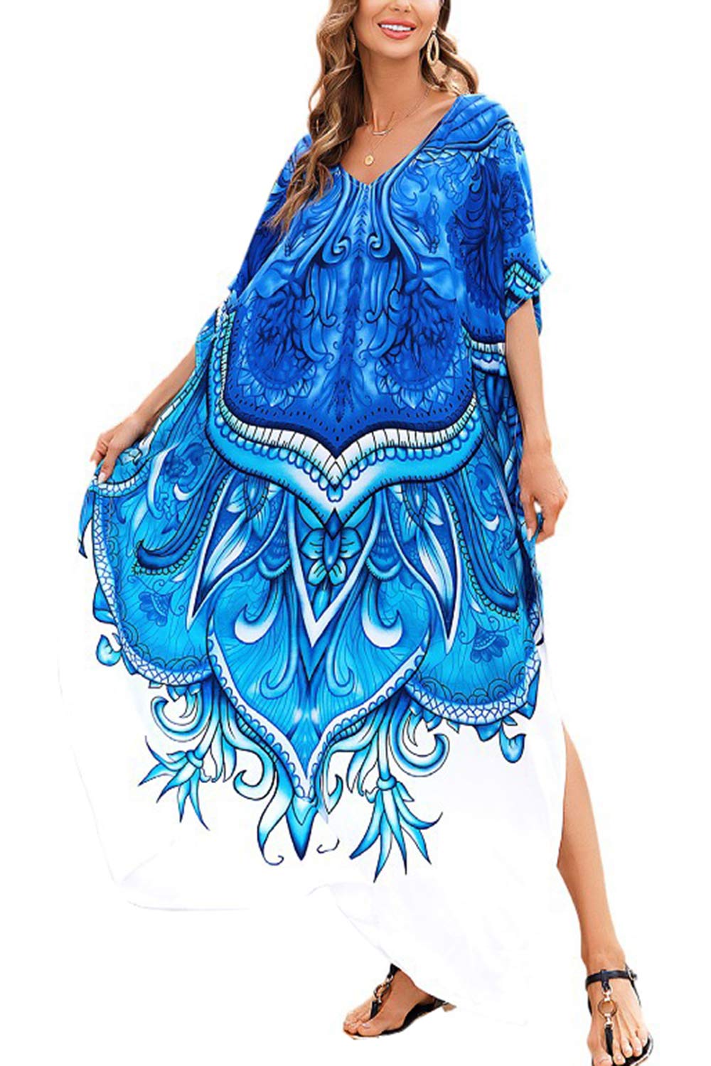 LikeJump Women's Cotton Print Kaftan Swimsuit Kimono Cover Up Loose Beach Robe Maxi Dress Blue