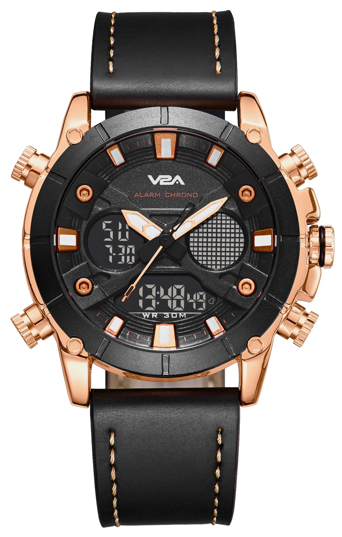 V2A Ultra Black Gold Alloy Case Genuine Leather Band Analog Digital Fashion Watch for Men Latest Men’s Watch | Gifts for Men | Gift for Brother | Gift for Husband | Birthday Gifts (B0CJ747XKB) Amazon Price History, Amazon Price Tracker