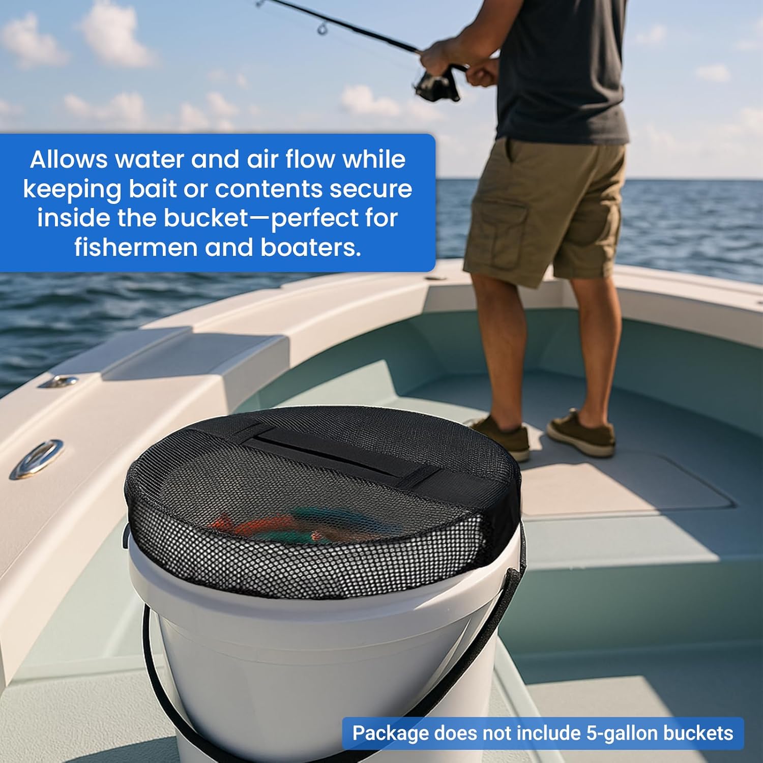 Boat Mesh Bucket Top Lid for 5 Gallon - Marine Trash Can Cover for Live Bait, Fishing Gear, Outdoor Use, 7" L x 4" W x 2" H