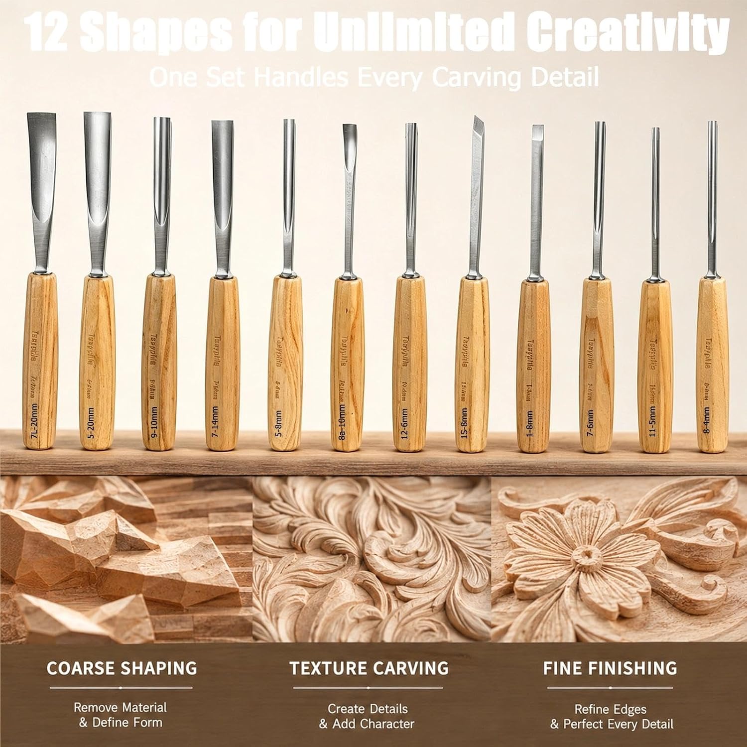 12 PCS Wood Carving Tools Set with Razor Sharp 60CRV Steel Chisels & Gouges