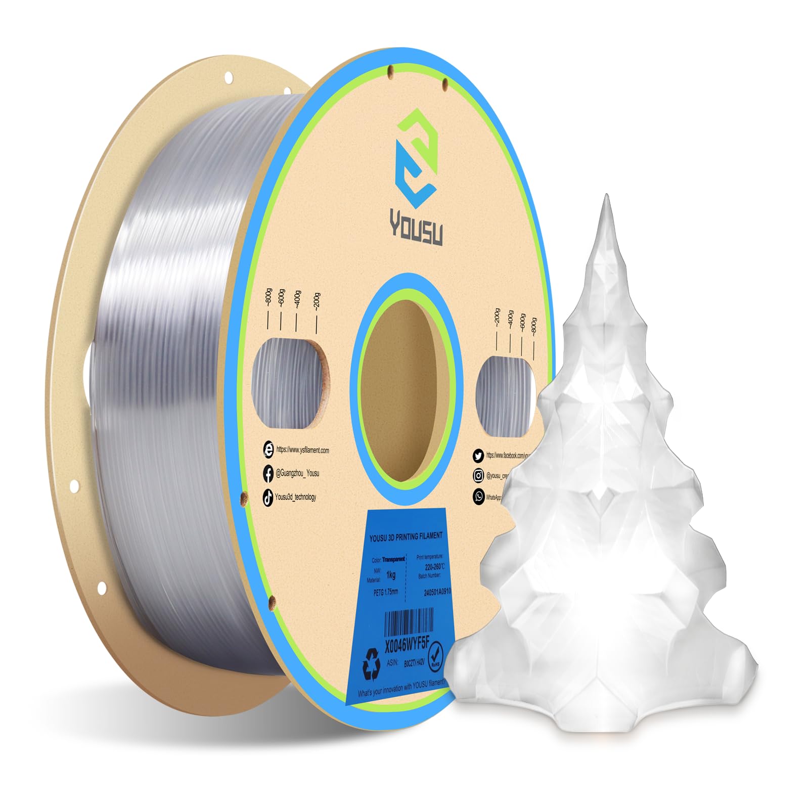 YOUSU PETG 3D Printer Filament 1.75mm Transparent 1KG(2.2lbs), Better Physical Strength and Layer Bonding Performance 3D Printing Filament,Dimensional Accuracy +/- 0.02mm,Fits for Most FDM 3D Printers