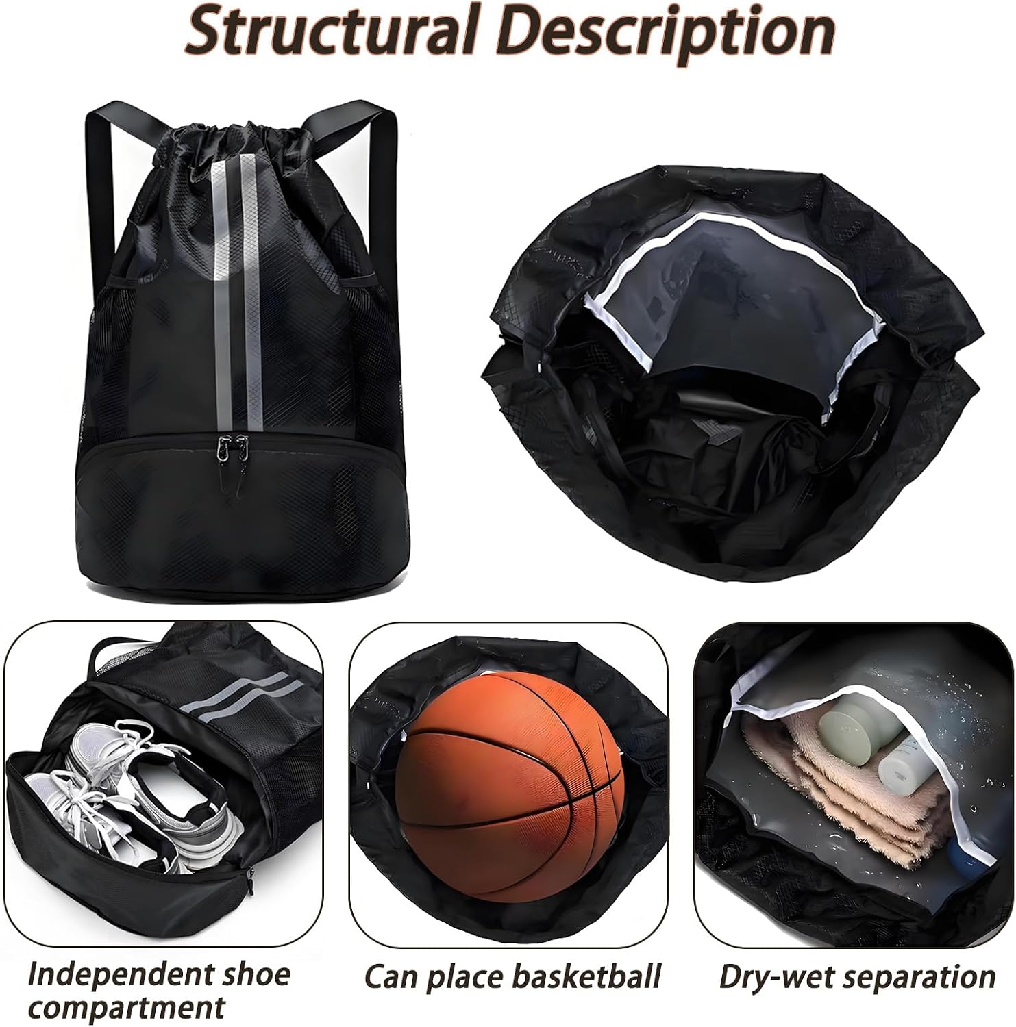 Drawstring Gym Sports Bag with Wet Dry Separation Shoes Compartment for Soccer, Basketball, Swim, Water-Resistant String Backpack Beach Cinch for Women Men (Black)