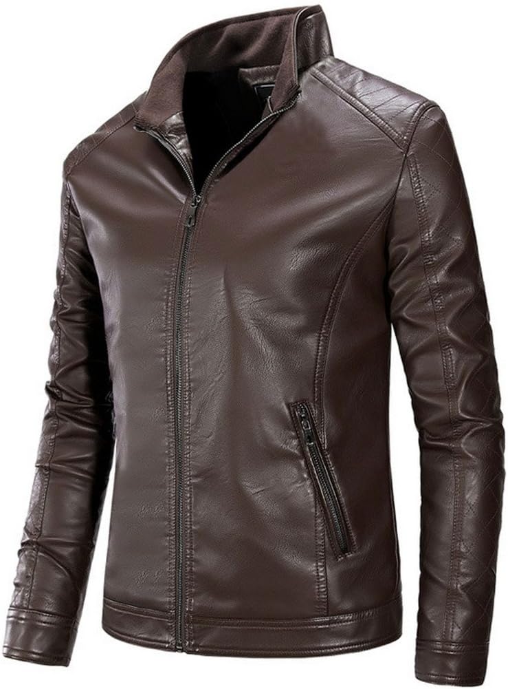 YGT Men's Motor Stand Collar Fur Jacket PU Coat Zipper Pocket