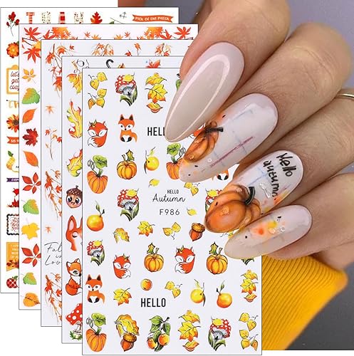 Miniatura 1 de JMEOWIO 9 hojas de calcomanías de arte de uñas de otoño y otoño, calcomanías autoadhesivas para uñas, calabaza, hoja de arce, Acción de Gracias,