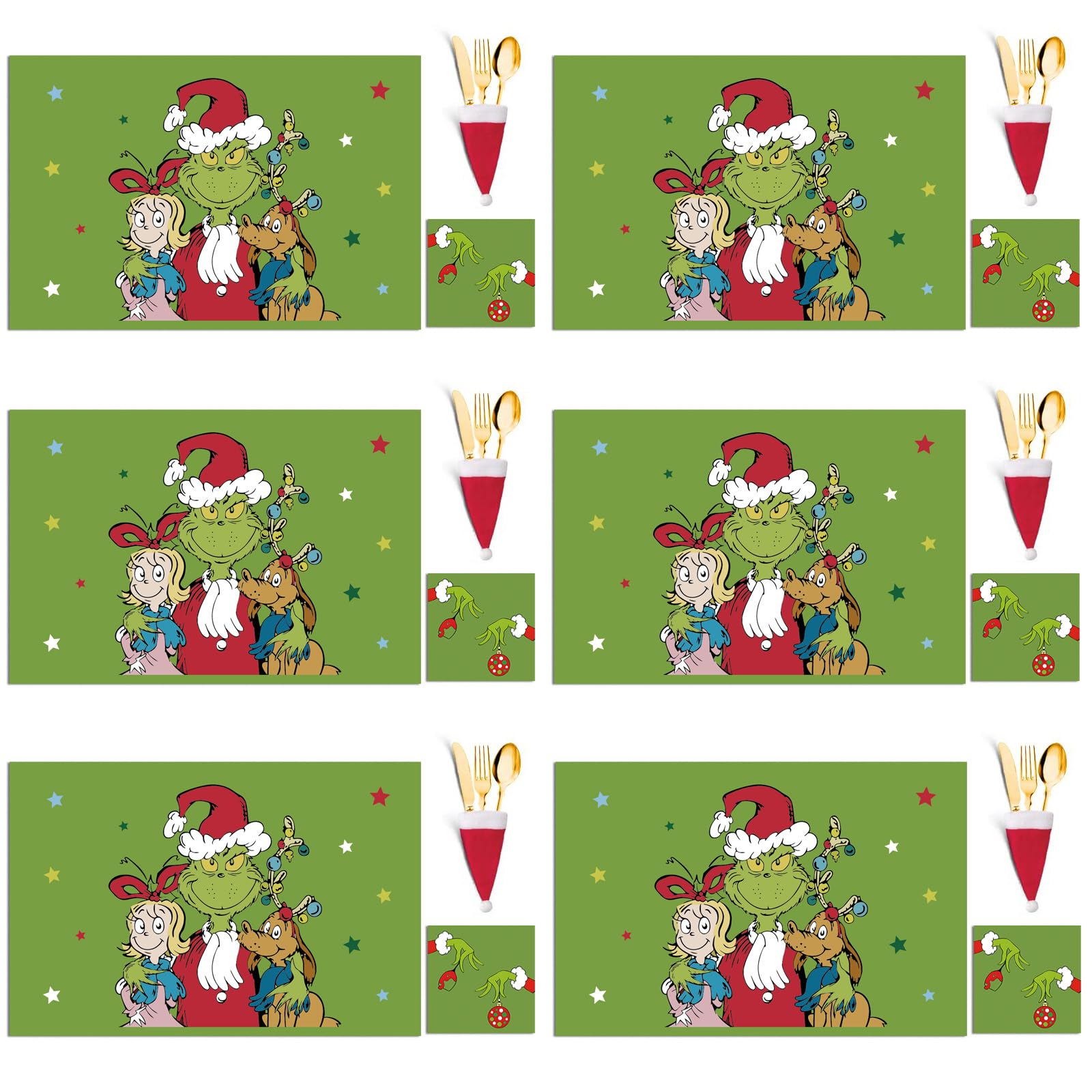 Christmas Table Decoration - 18Pcs Placemats, Coasters, Cutlery Set - Washable Heat Proof Table Mats for Home