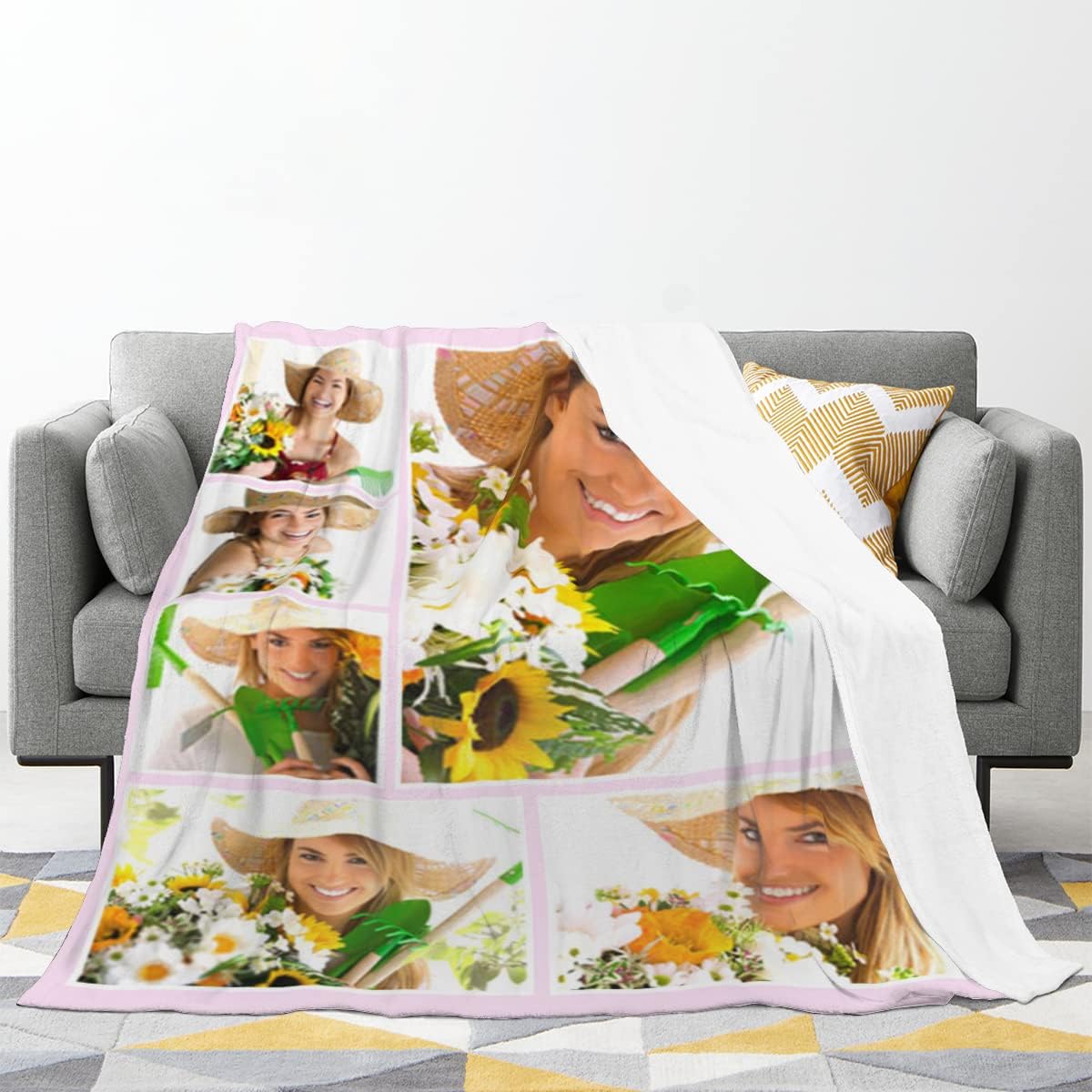 AXKEUDO Custom Blanket with Photo Text Personalized Bedding Throw Blanket Flannel Fleece Blankets for Family Birthday Wedding Gifts Fits Couch Sofa Bedroom Living Room 60"X50" 6 Photo-3