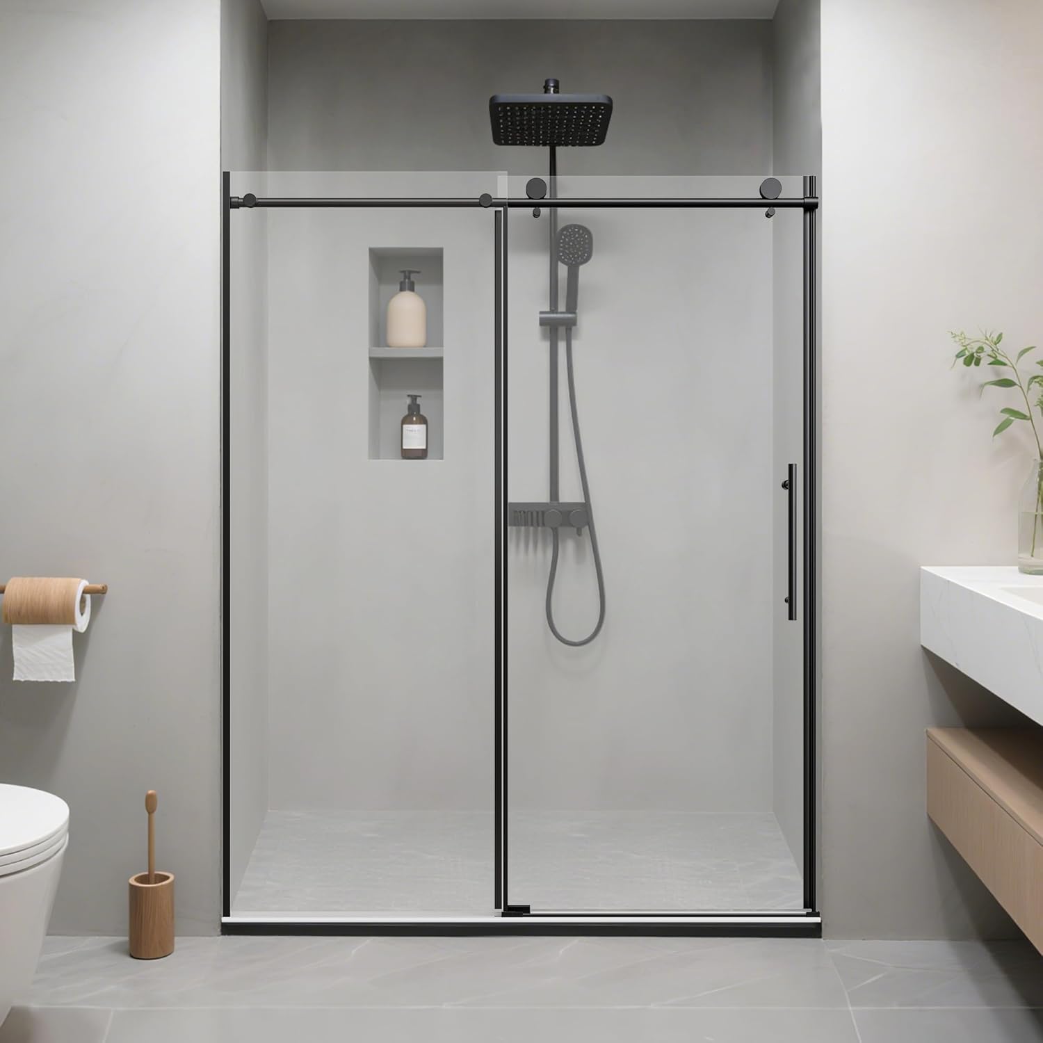 56-60" W x 76" H Single Sliding Shower Door, Square Corner Stainless Steel Round Tube Shower Door, 1/4" - 6mm SGCC Tempered Glass, Reversible Installation, Matte Black