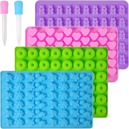 Moldes de silicona para ositos de gomitas, 4 moldes antiadherentes para dulces de chocolate con 2 goteros, incluyendo mini dinosaurio, forma de oso,