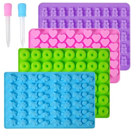Silicone Gummy Bear Molds,4Pcs Non-stick Chocolate Candy Molds with 2 Droppers Including Mini Dinosaur, Bear Shape, Hearts and Mini Donut