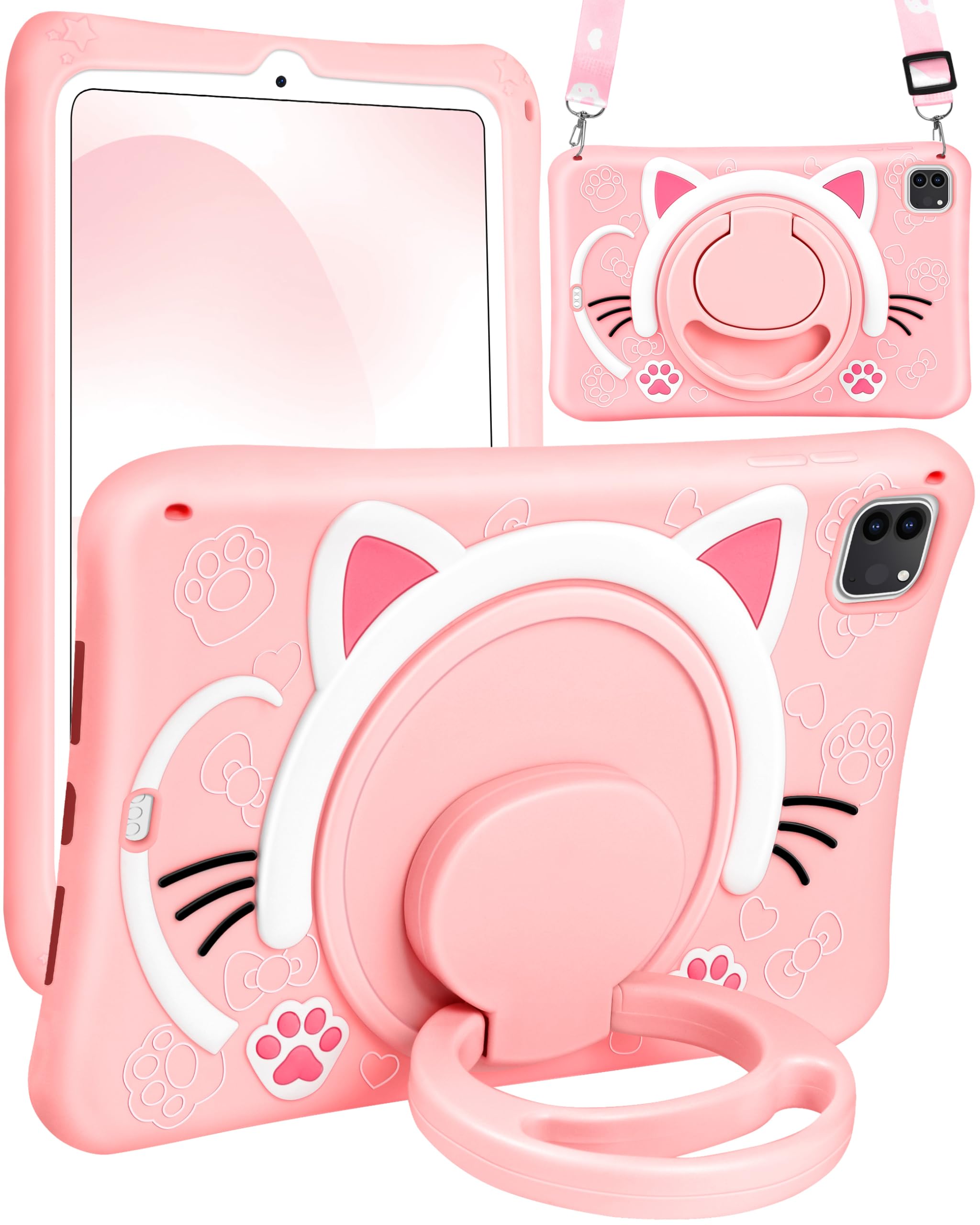 WazzasoftWazzasoft for iPad Air 5th/4th Generation 10.9"/Pro 11 Inch Case - Cute Cat Soft Silicone Girls Teens Women Cartoon Kitten Tablet Cover with Rotating Handle Stand & Strap Funda para Air 5th/4th Gen
