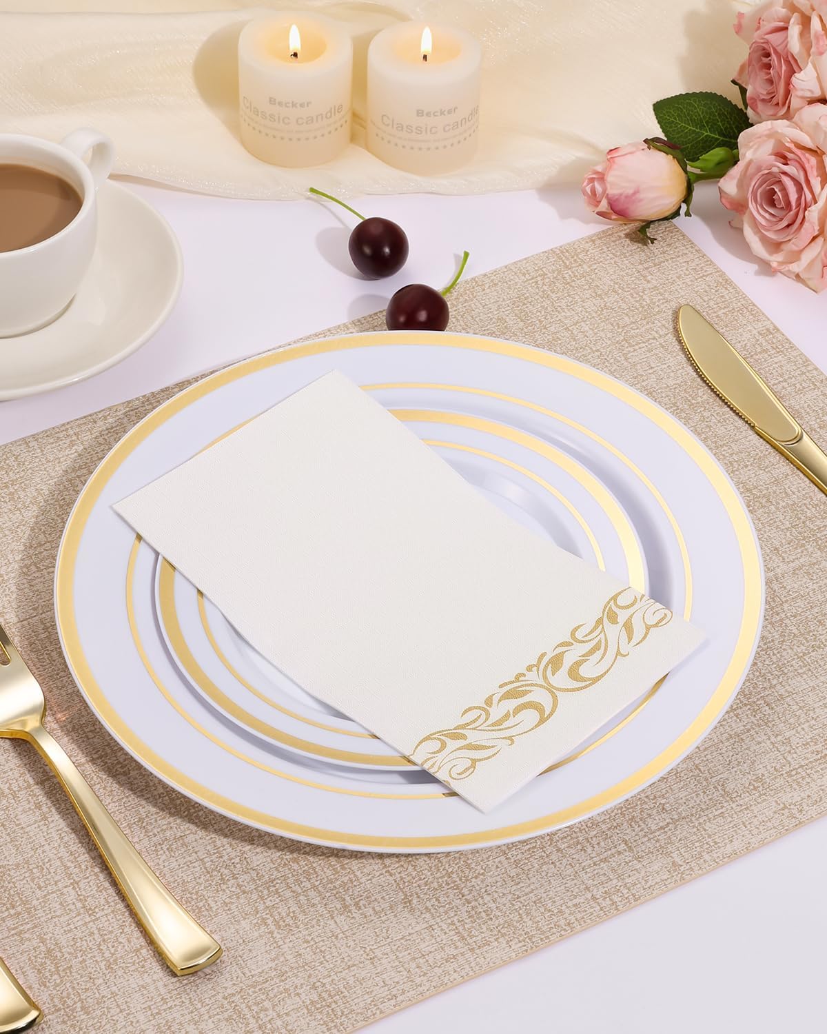 Goodluck 200 Pack 3-Ply Disposable Napkins - Soft & Absorbent Paper Hand Towels for Bathroom Guests, Dinner Party, Kitchen, Christmas, Wedding & Events, Parties - Floral Gold Trim