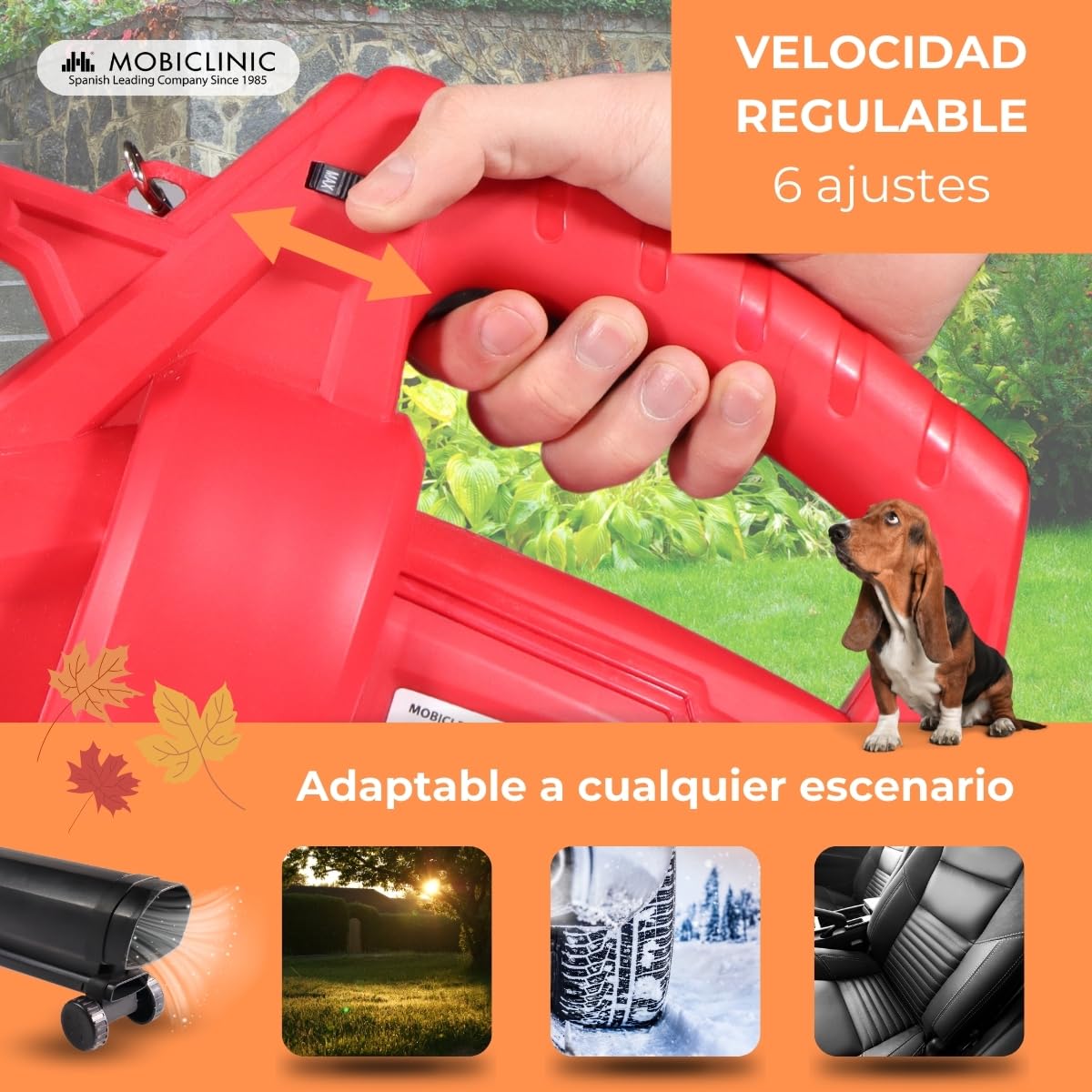 Mobiclinic®, Soplador de Hojas, Aspirador y Triturador de Hojas, 900W, 6 Velocidades, Mobiclean, 3 en 1, Ligero, 35L, Velocidad Soplado 270 km/h, para Jardín, 220V, Asa Hombro