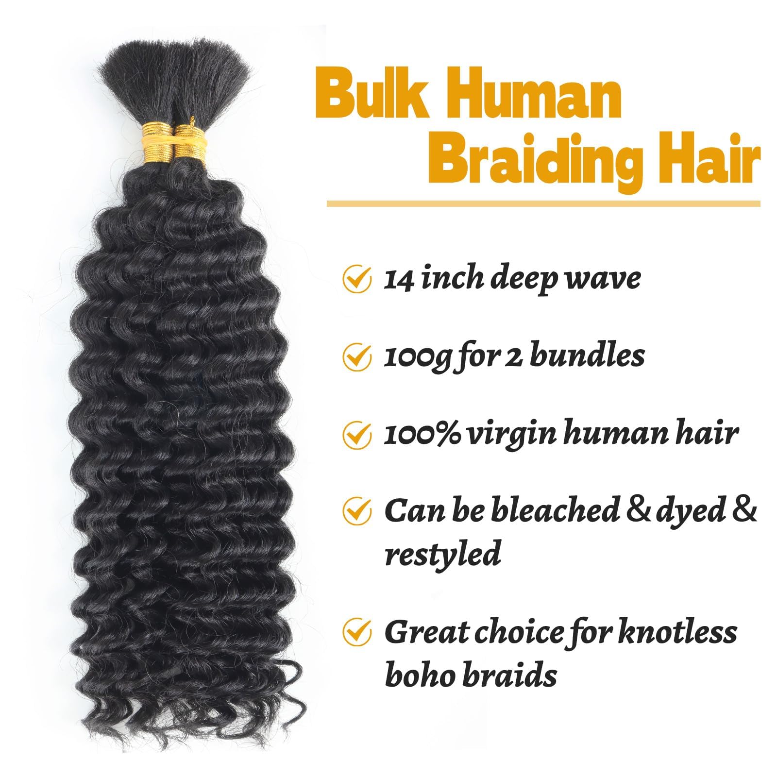 Ainimiu Human Braiding Hair 2 BunDreadlockes Total 100g 14 Inch Deep Wave Natural Black Bulk Human Hair for Braiding No Weft Brazilian Virgin Curly Hair Extensions for Boho Braids - Image 2