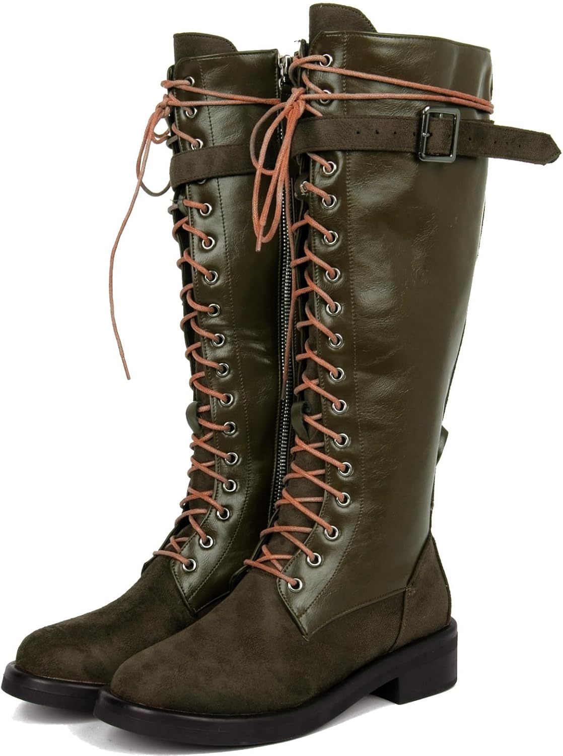 Meefit Lace Up Knee High Boots for Women Combat Riding Boots Low Heel Gothic Motorcycle Boot Flats Long Shoes