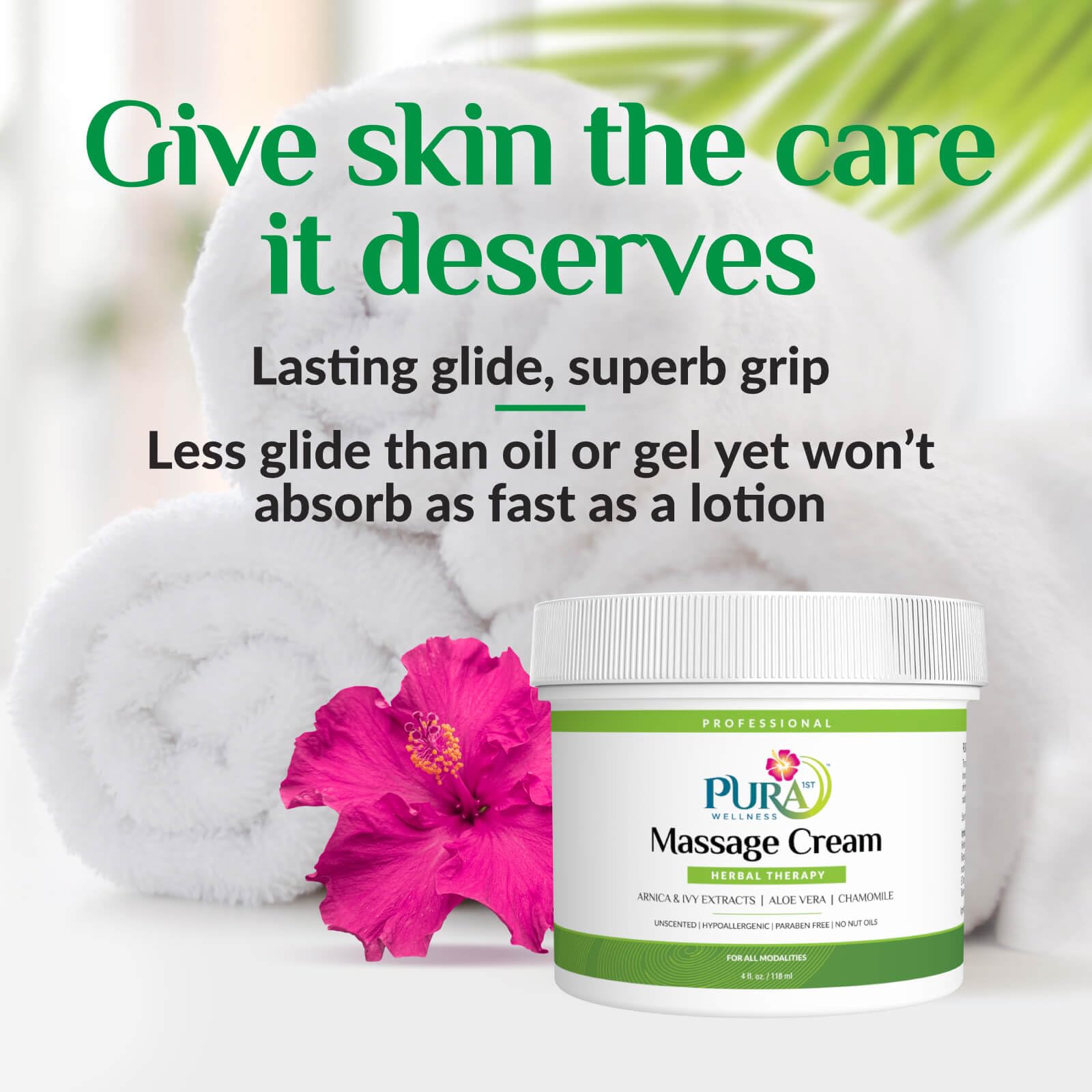 PURA 1ST Professional Herbal Therapy Massage Cream, Aloe Vera, Arnica Extract, Unscented, Hypoallergenic, Natural, Deep Tissue, Wellness, Physical Therapy, 4oz Jar