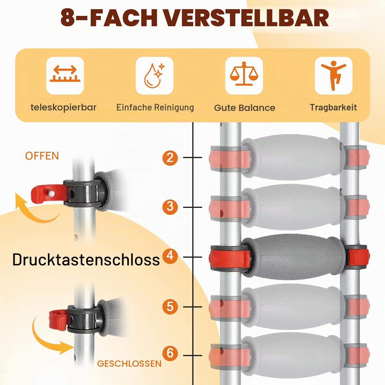 Unterarmgehstützen Aluminium, Faltbare Krücken höhenverstellbar 135–195 cm, 136 kg belastbar, Gehstützen mit rutschfesten Füßen, für Erwachsene nach OP oder Beinverletzung, 1 Paar
