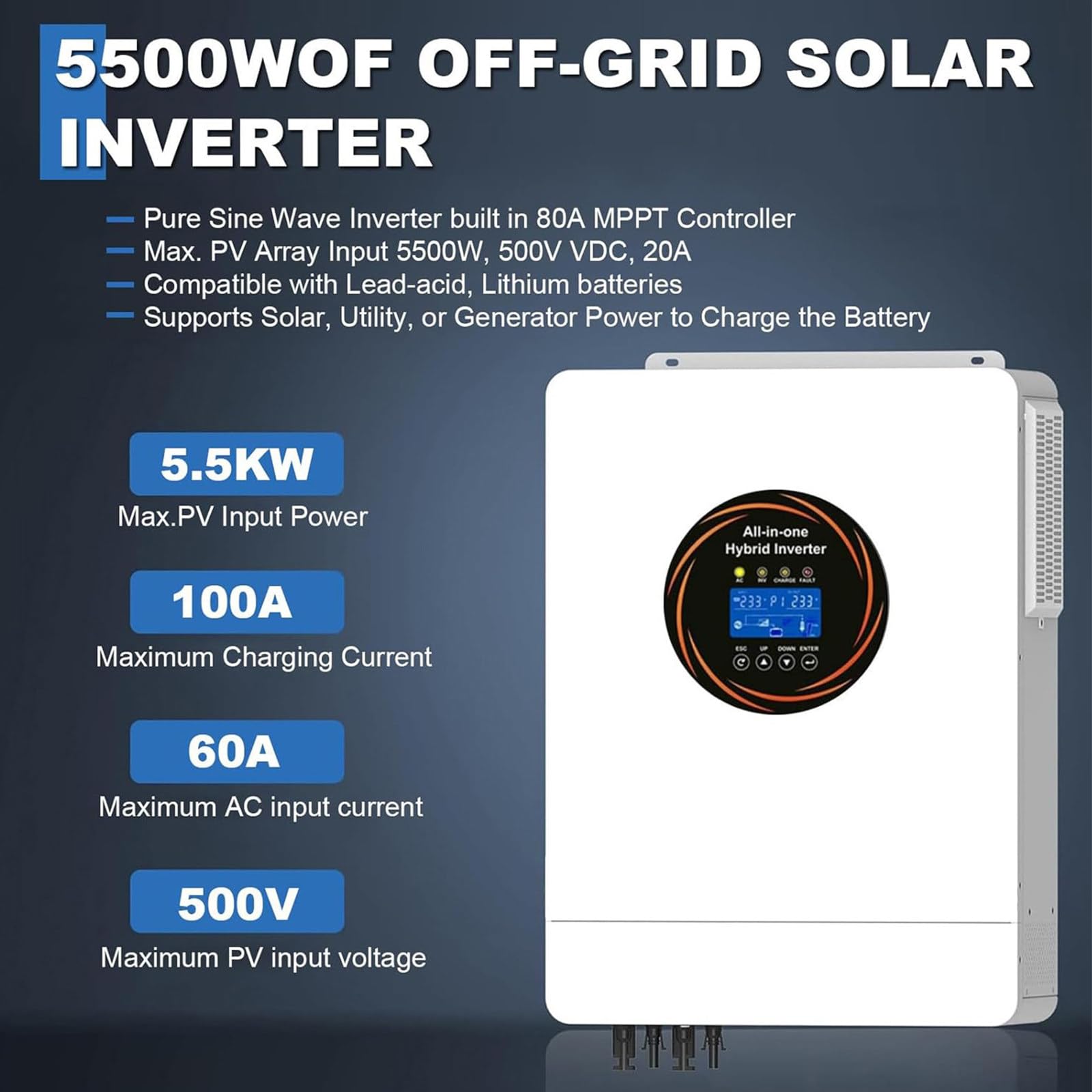 5500W-Hybrid-Solarwechselrichter, 48V auf 230V Reine Sinuswelle, integrierter 120A-MPPT-Laderegler, unterstützt Solar-/Netz-/Generatorladung für Haus/Wohnmobil/netzunabhängige Nutzung