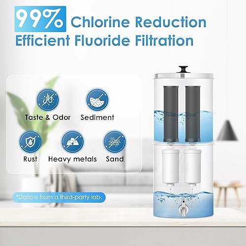 Miniatura 3 de AQUA CREST Sistema de filtro de agua por gravedad, sistema de encimera de acero inoxidable 304 con 4 filtros y soporte antideslizante, reduce el