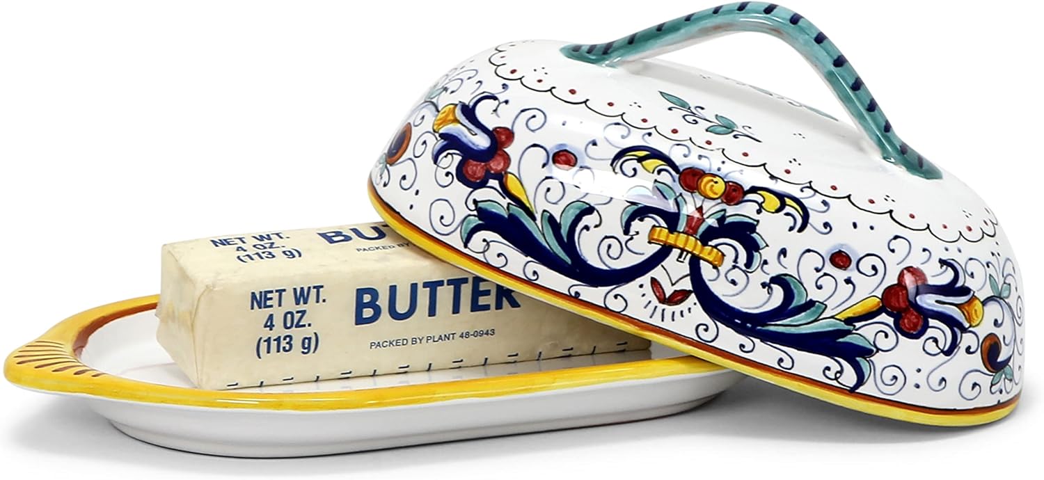 Ricco Deruta Deluxe Butter Dish with cover presented in an elegant Gift Box Bundle - Authentic hand-painted in Deruta, Italy. Shipped from the USA with a Certificate of Authenticity.